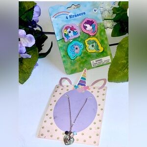Nwt bff unicorn charm gold tone necklace w/new My Little Pony Colorful Erasers